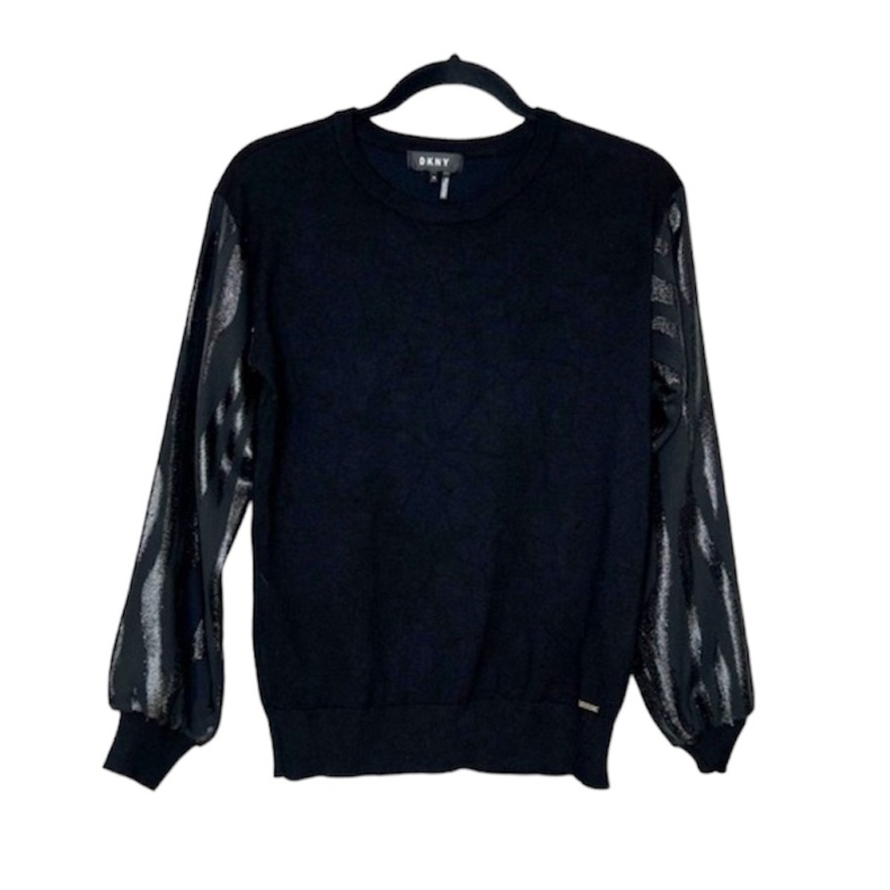 DKNY Elegant Black Sparkle Sleeve Crew Neck Sweater Top size XS